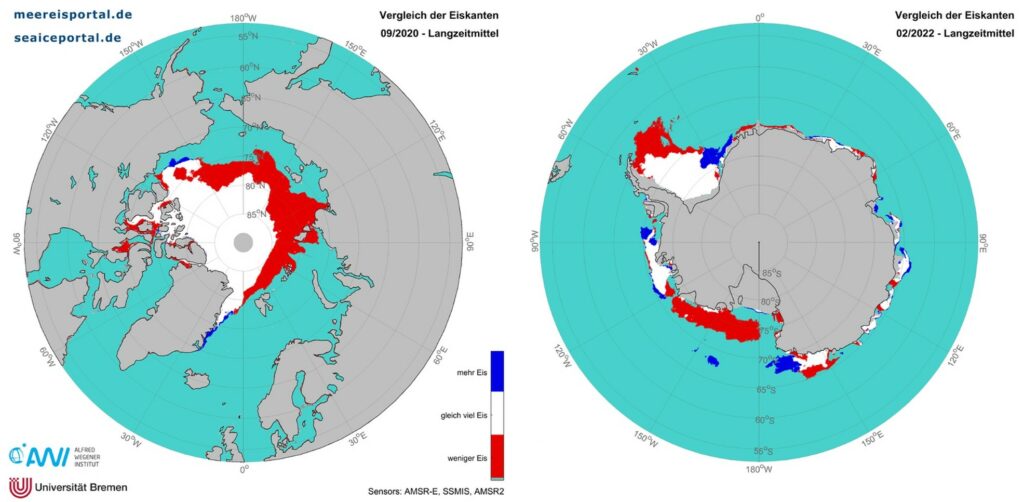 Meereiskarten zeigen den Meereisverlust in der Arktis und Antarktis