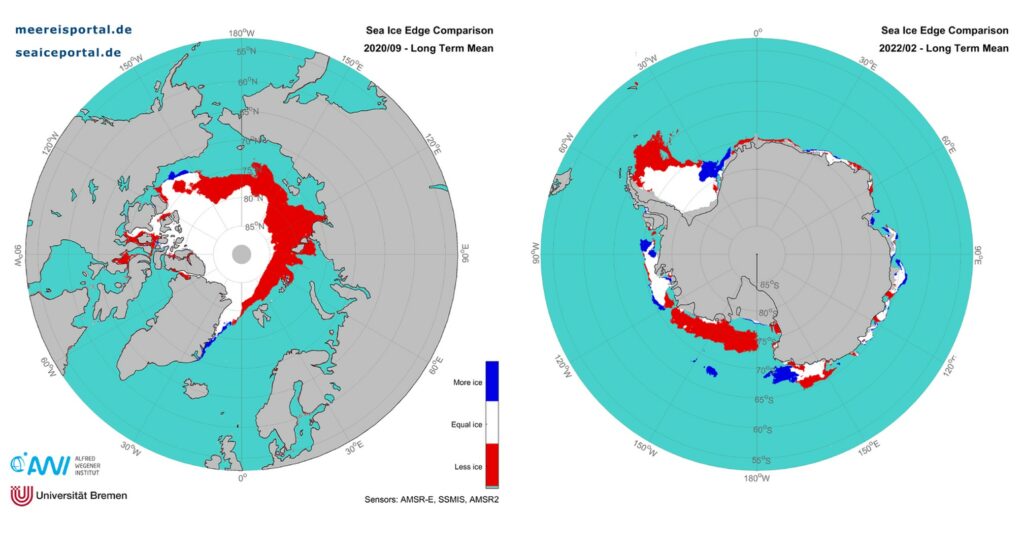 Sea ice maps show the loss of sea ice in the Arctic and Antarctic