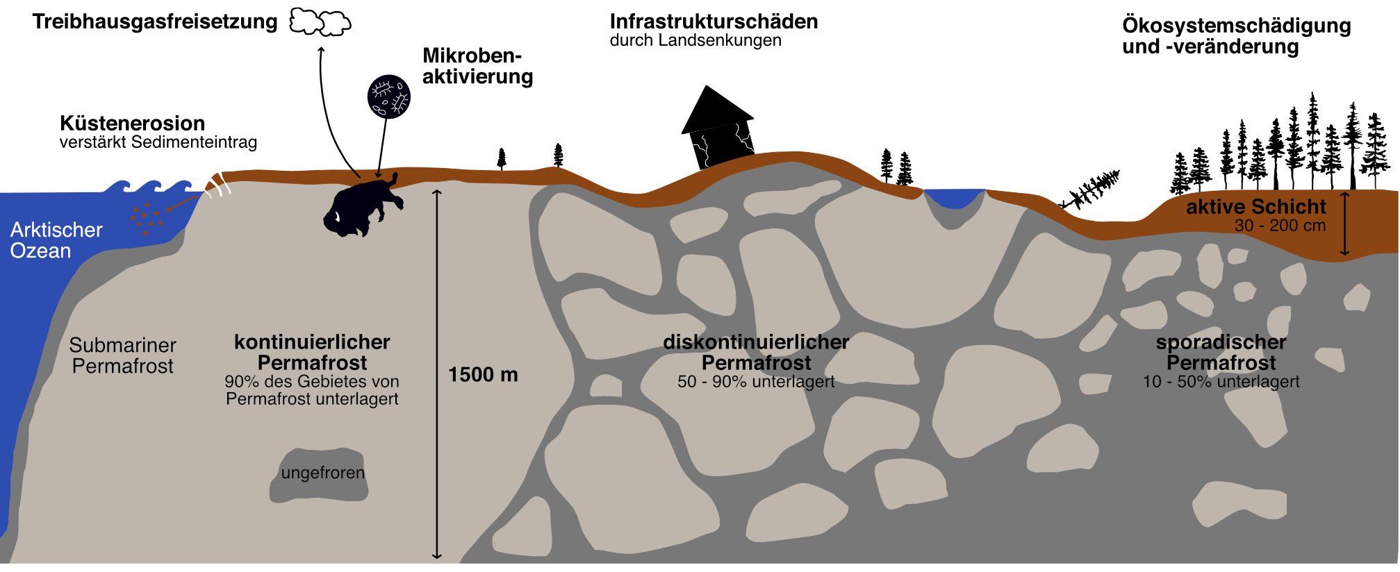 Permafrost Tauprozesse schematisch dargestellt